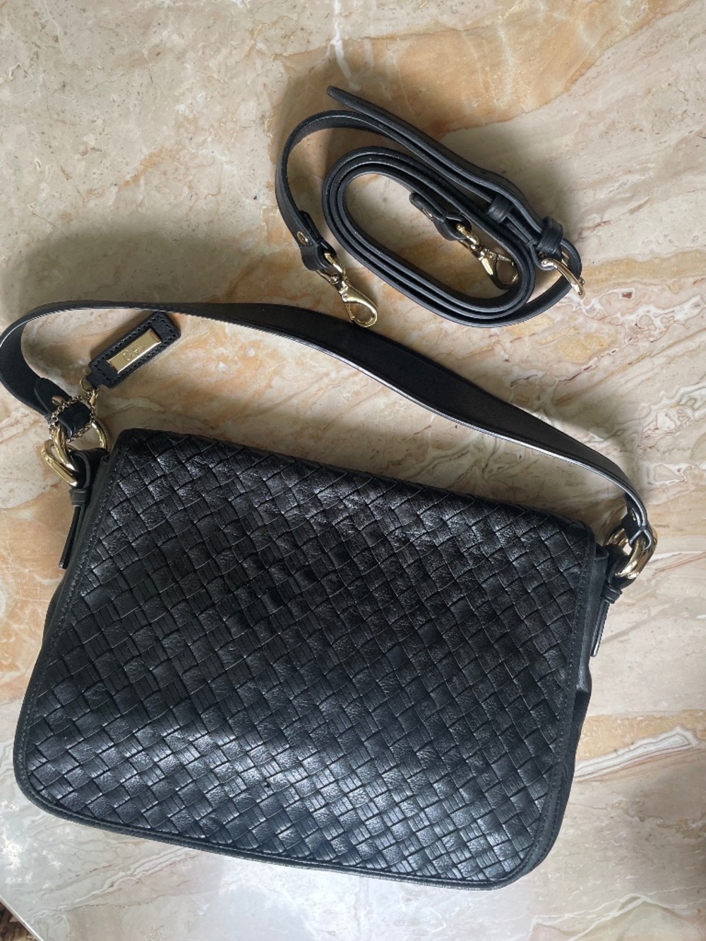 Cole Haan Black Intrecciato Lattice Leather Flap Shoulder Handbag - Never Used
